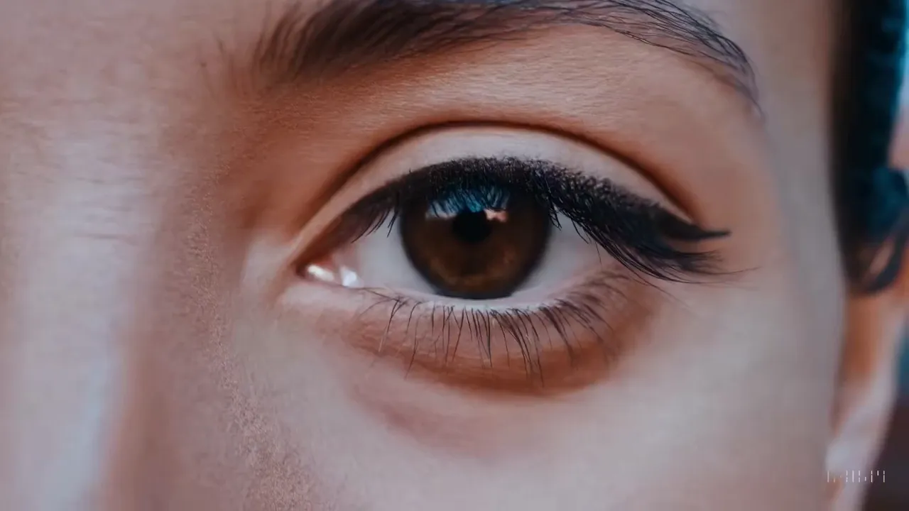 Extreme close-up of a woman's brown eye with winged black eyeliner.