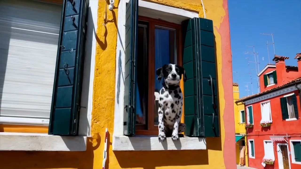 A Dalmatian sitting in the open window of a yellow house with dark green shutters, red and orange houses across the street.
